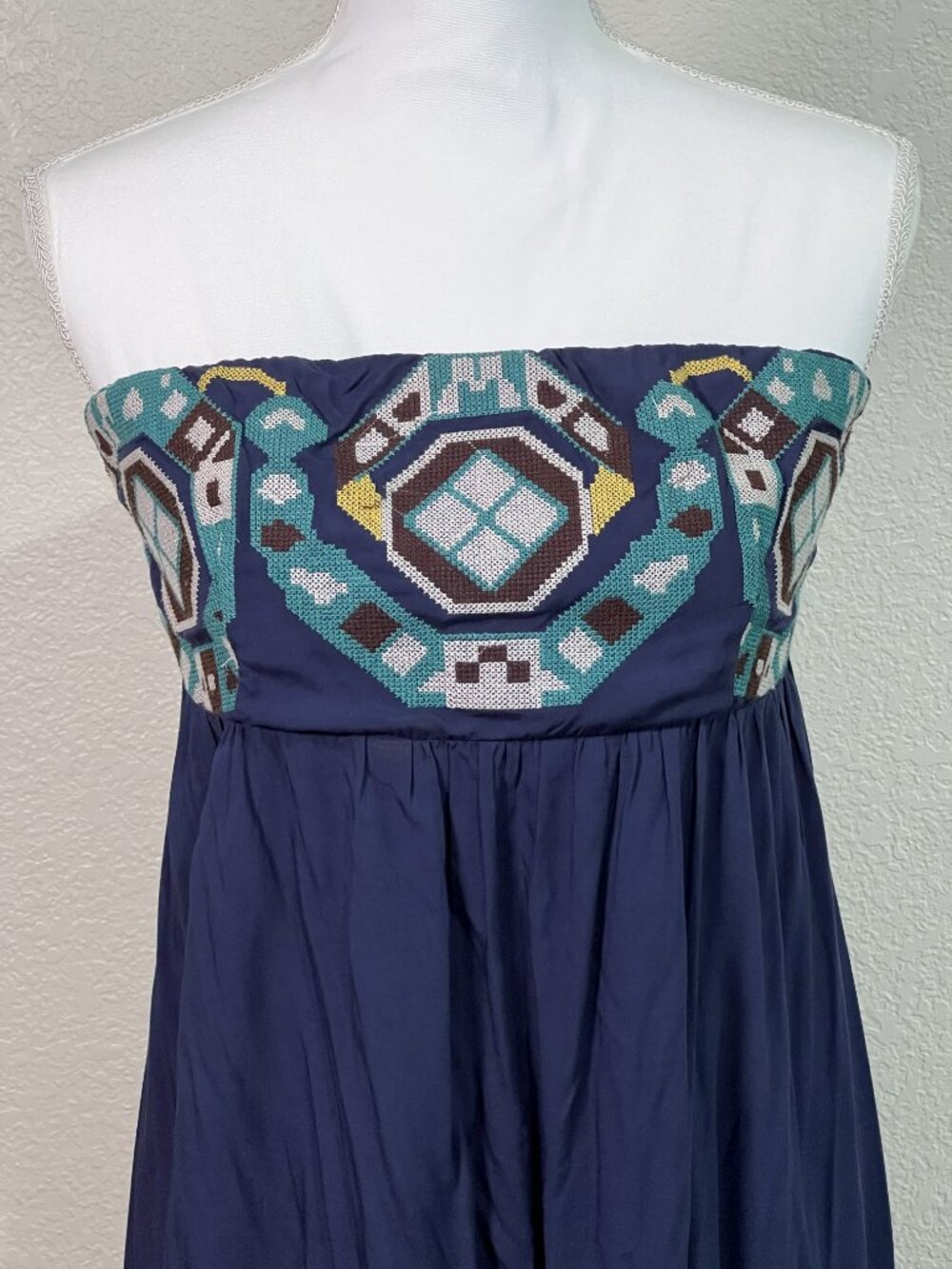 THML Anthropologie Strapless Maxi Dress Lg Navy High-Low Hem Aztec Woven Bodice